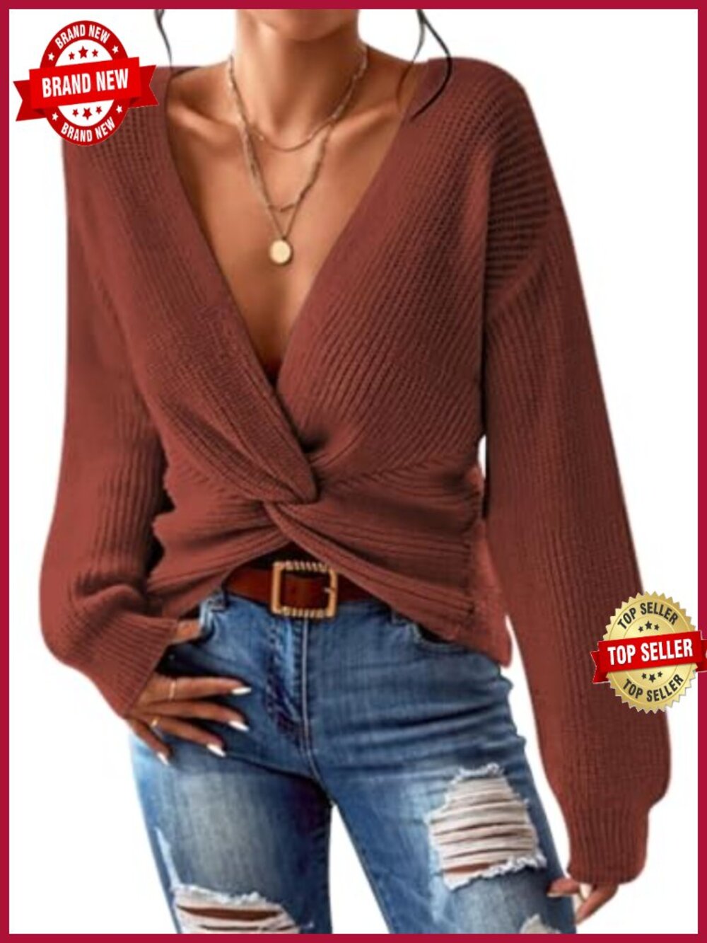Deep V Neck Twist Front Cropped Sweater Long Sleeve Knit Pullover